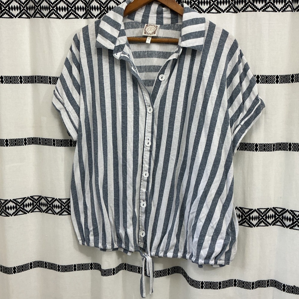 Striped Tie Front Button Down Top - Short Sleeve Collared Shirt 1X Plus Size